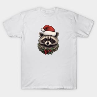 Santa hat Raccoon with holly T-Shirt